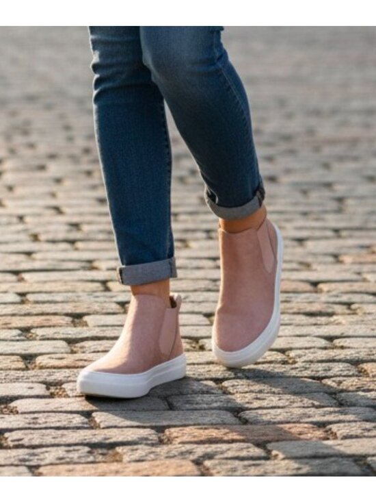 Blush Nubuck Slip-On Platform Sneakers With Elastic Side Panels & White Soles Fo - Picture 9 of 14